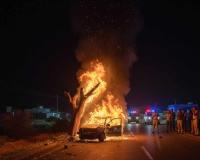 Fiery Late-Night Crash in Rajasthan’s Kishangarh as Speeding Car Bursts Into Flames; Driver Escapes in Time