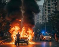 Fierce Blaze Engulfs Moving BMW in Noida, Driver Escapes in Time