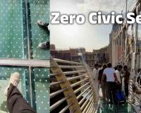 Barely Operational Bajrang Setu Marred by Lack of Civic Sense as Tourists Drag Heavy Luggage Across Glass Surface