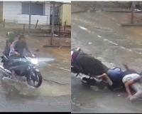 Rainwater-Filled Pothole Triggers Severe Motorcycle Crash in Junagadh; Viral Video Sparks Public Outrage Over Road Safety