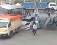 Hyderabad Bus Crashes into Petrol Pump After Swerving to Avoid Car