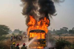 School Bus Destroyed in Fierce Fire in Pratapgarh; Driver Escapes Moments Before Vehicle Engulfed