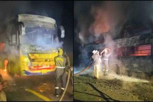 Bus Erupts in Flames on Agra–Lucknow Expressway, Passengers Escape in Dramatic Leap to Safety