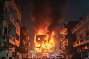 Fierce Blaze Erupts Inside Mattress Warehouse in Moradabad’s Katghar Area