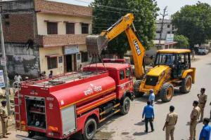 Fire Engine Sinks Into Drain Outside Unnao Police Station, Pulled Out With Municipal JCB