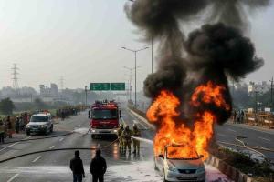 AGRA HIGHWAY SCARE: MOVING CAR BURSTS INTO FLAMES, ALL THREE OCCUPANTS ESCAPE UNHARMED