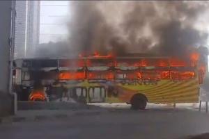 Narrow Escape for Commuters as Private Bus Engulfs in Flames in Malad East