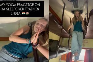 Foreign Yoga Teacher Sparks Debate After Working Out in Indian Train's 3AC Coach